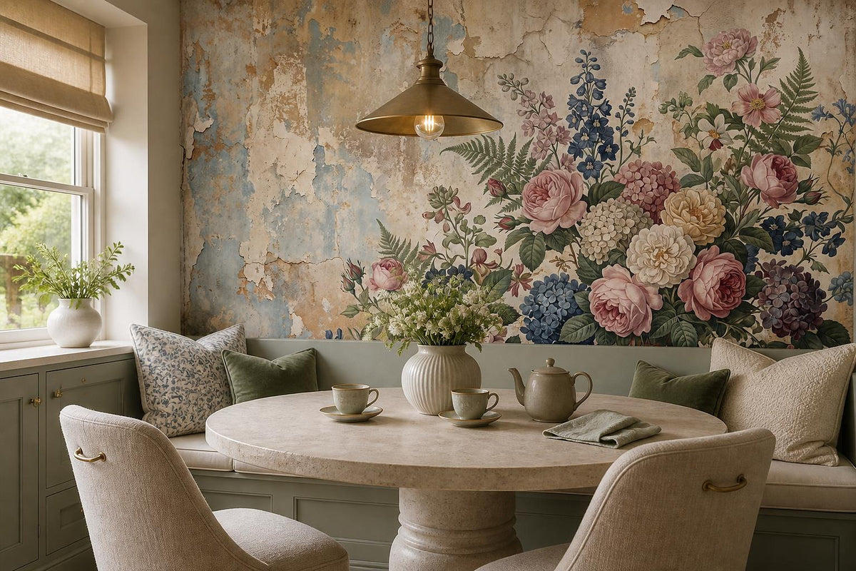 Beige Pink Antique Floral Plaster Wallpaper Mural interior scene