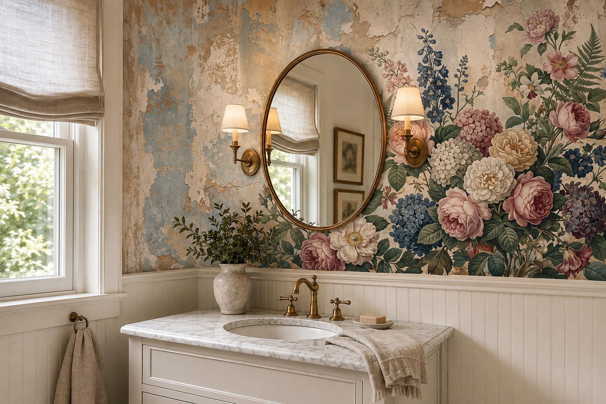 Beige Pink Antique Floral Plaster Wallpaper Mural interior scene