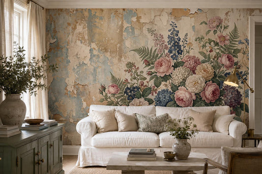 Beige Pink Antique Floral Plaster Wallpaper Mural room scene