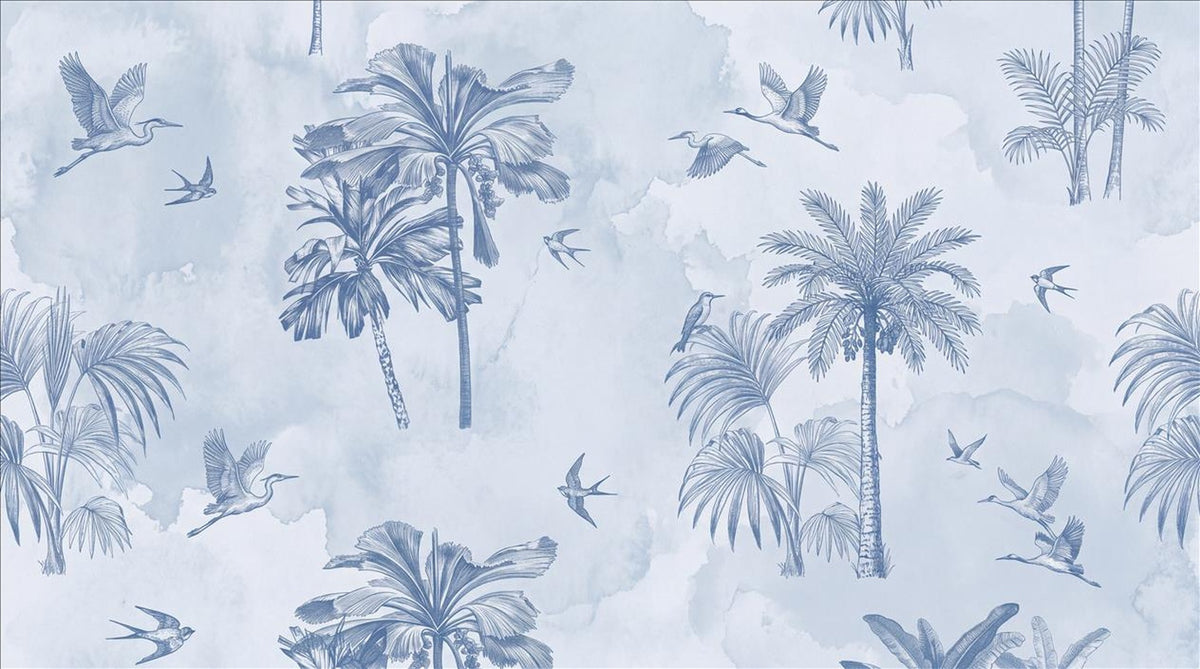 Pale Palm Trees And Flying Birds Wallpaper Mural