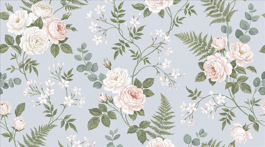 Pale White Roses Foliage Wallpaper Mural - pattern detail