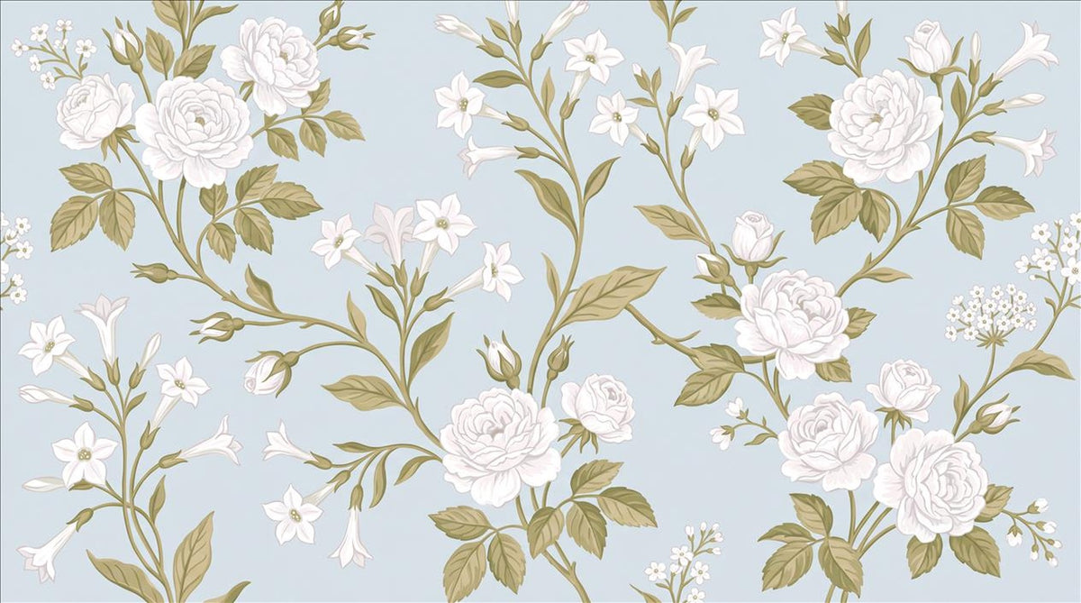Pale White Roses On Branches Wallpaper Mural - pattern detail