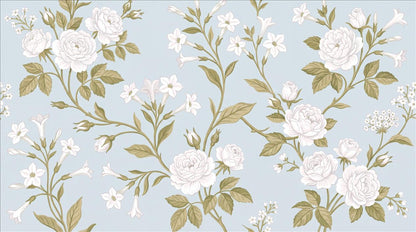 Pale White Roses On Branches Wallpaper Mural - pattern detail