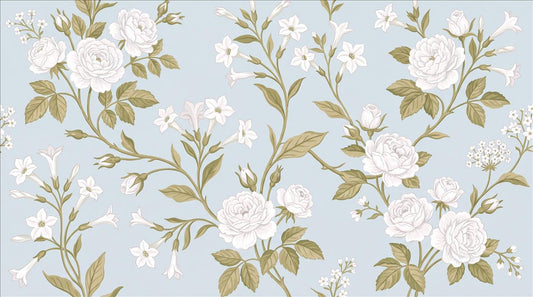 Pale White Roses On Branches Wallpaper Mural - pattern detail