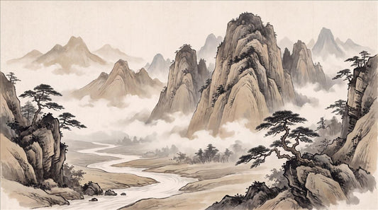 Cream Black Ink Mountains River Wallpaper Mural - pattern detail