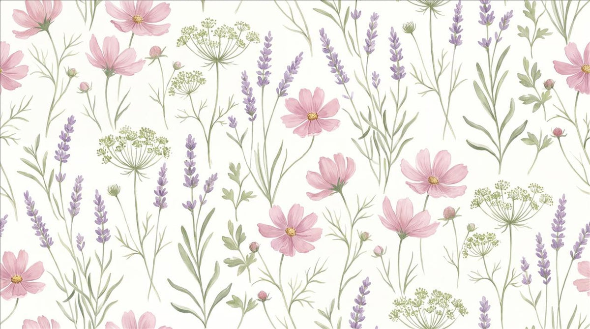 Cosmos Lavender Meadow Flowers Wallpaper Mural - pattern detail