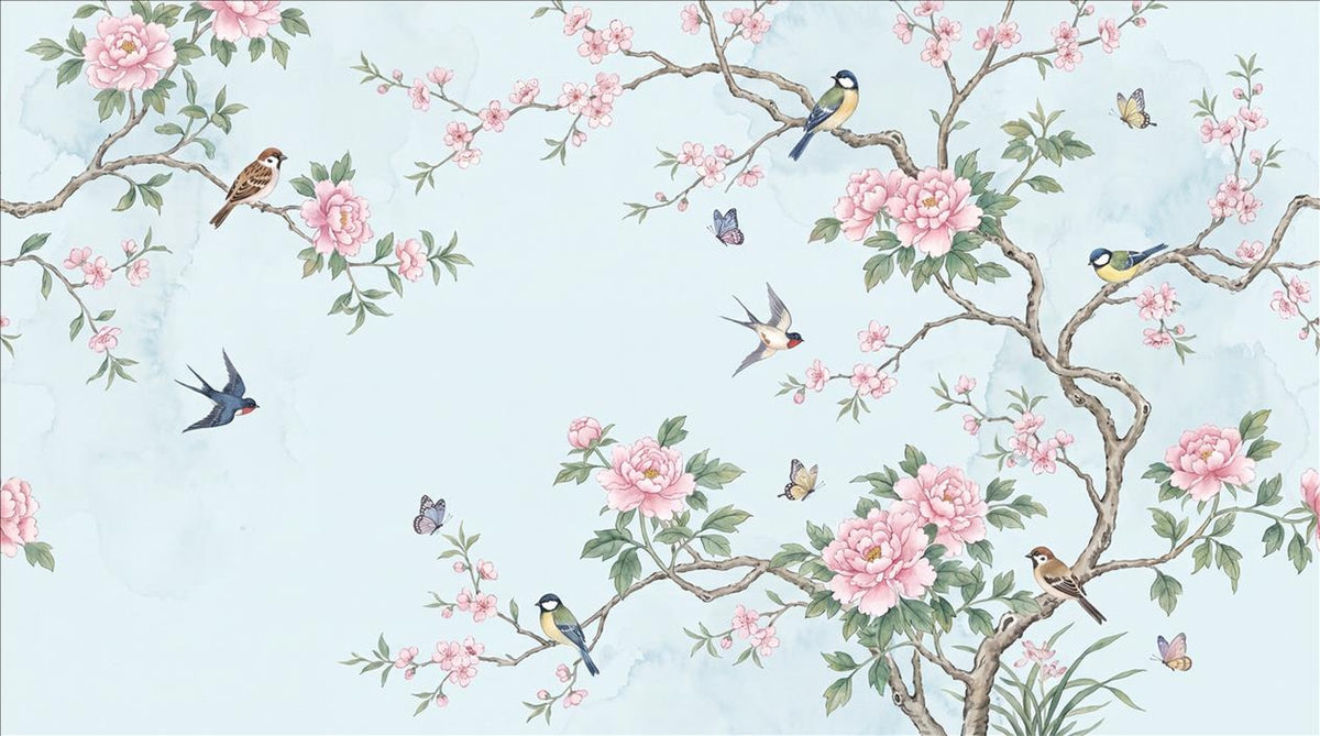 Airy Blossom Branches Birds and Butterflies Wallpaper Mural - image 2