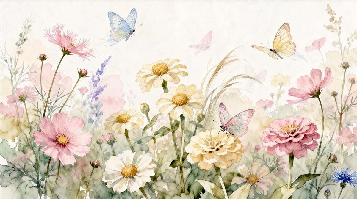 Cheerful Meadow Flowers and Butterflies Wallpaper Mural