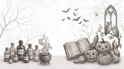Potion Bottles Pumpkins Books Bats and Gothic Window Halloween Wallpaper Mural - image 2