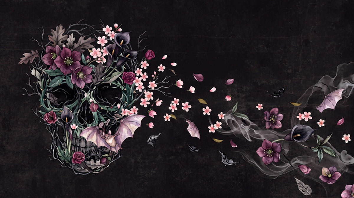 Floral Skull with Drifting Blossoms Halloween Wallpaper Mural