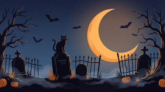 Graveyard Black Cat Crescent Moon and Bats Halloween Wallpaper Mural - image 2