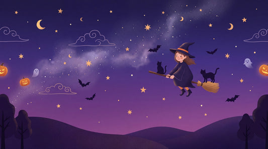 Flying Witch Cats Bats Ghosts and Purple Sky Halloween Wallpaper Mural - image 2