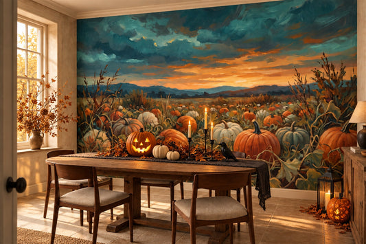 Stormy Pumpkin Field Halloween Wallpaper Mural - image 1