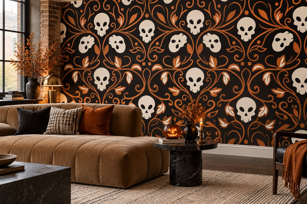 Ornate Skulls and Leaves Halloween Wallpaper Mural - image 3