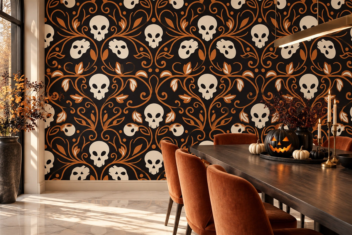 Ornate Skulls and Leaves Halloween Wallpaper Mural - image 1