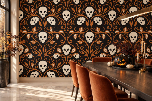 Ornate Skulls and Leaves Halloween Wallpaper Mural - image 1