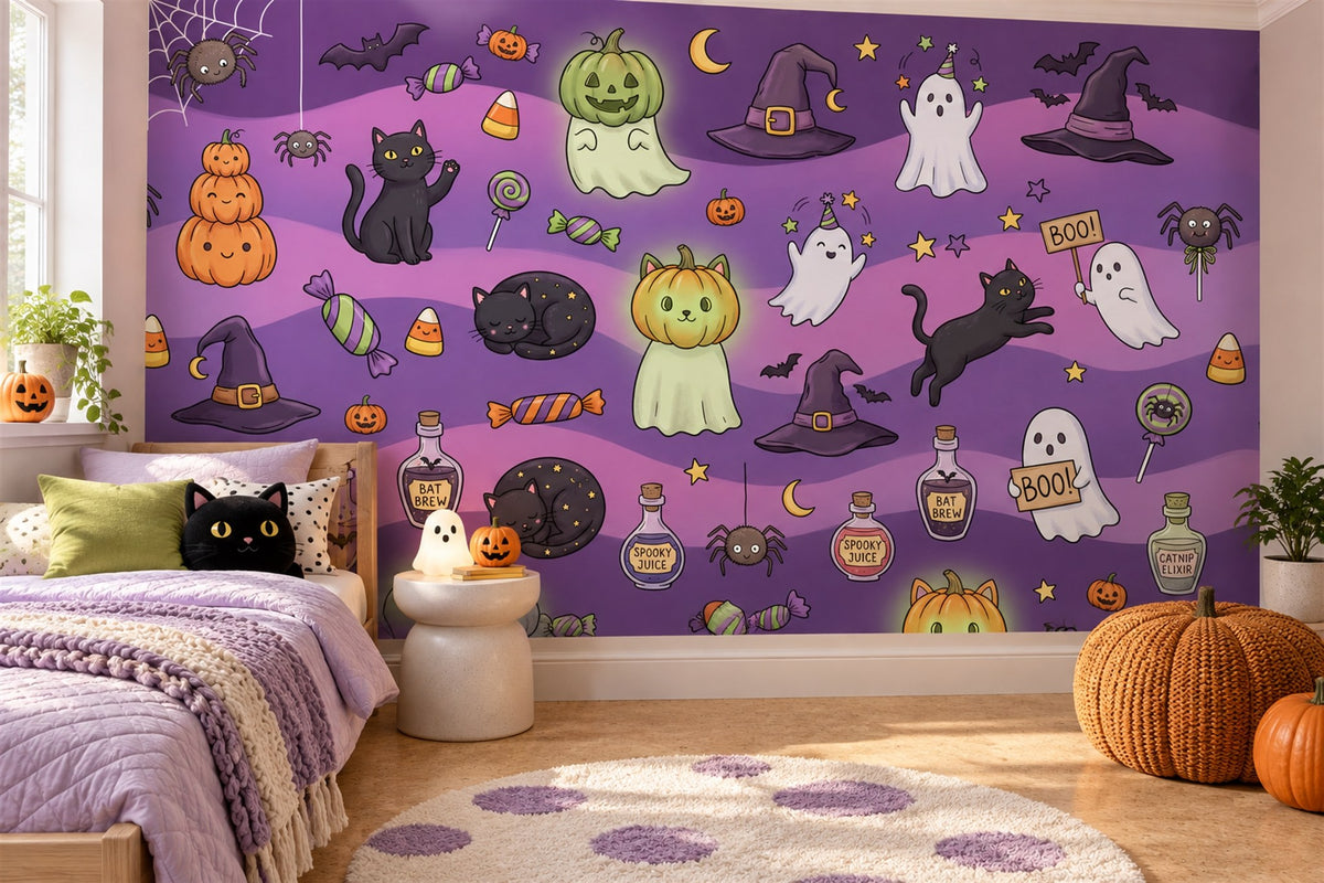 Cats Ghosts Pumpkins Candy and Witch Hats Halloween Wallpaper Mural - image 3