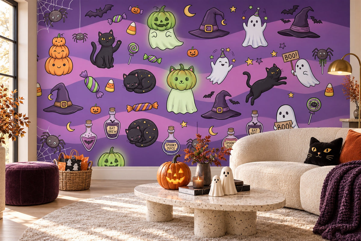 Cats Ghosts Pumpkins Candy and Witch Hats Halloween Wallpaper Mural - image 1
