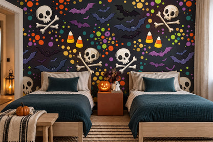 Skulls Crossbones Bats and Candy Corn Halloween Wallpaper Mural - image 3