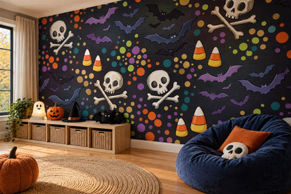 Skulls Crossbones Bats and Candy Corn Halloween Wallpaper Mural - image 4