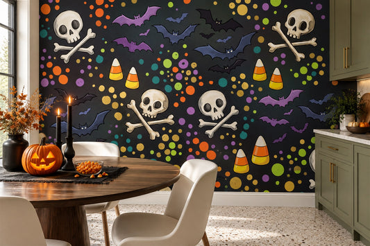 Skulls Crossbones Bats and Candy Corn Halloween Wallpaper Mural - image 1