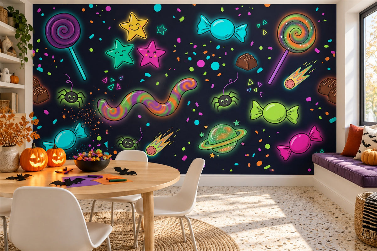 Neon Candy Stars and Swirls Halloween Wallpaper Mural - image 3