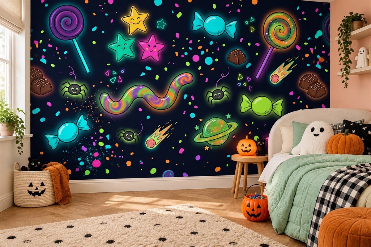 Neon Candy Stars and Swirls Halloween Wallpaper Mural - image 1