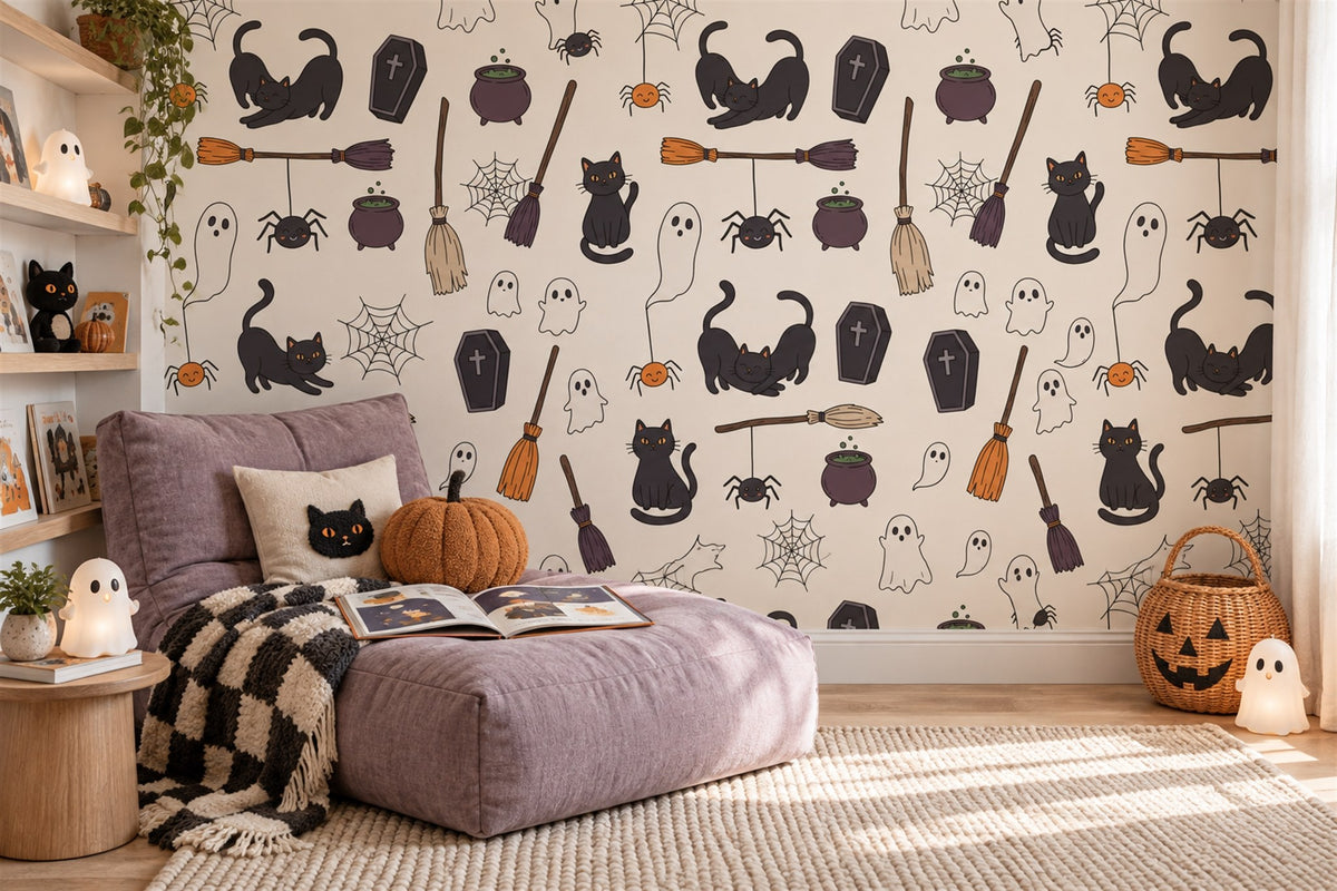 Black Cats Coffins Cauldrons and Broomsticks Halloween Wallpaper Mural - image 3