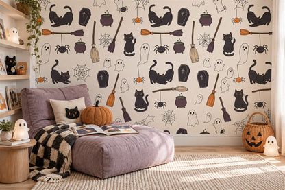 Black Cats Coffins Cauldrons and Broomsticks Halloween Wallpaper Mural - image 3