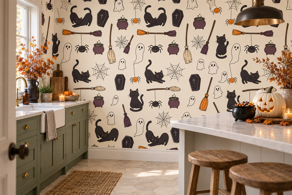 Black Cats Coffins Cauldrons and Broomsticks Halloween Wallpaper Mural - image 1