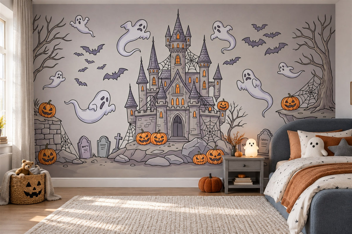 Ghosts Haunted Castle Bats and Pumpkins Halloween Wallpaper Mural - image 3