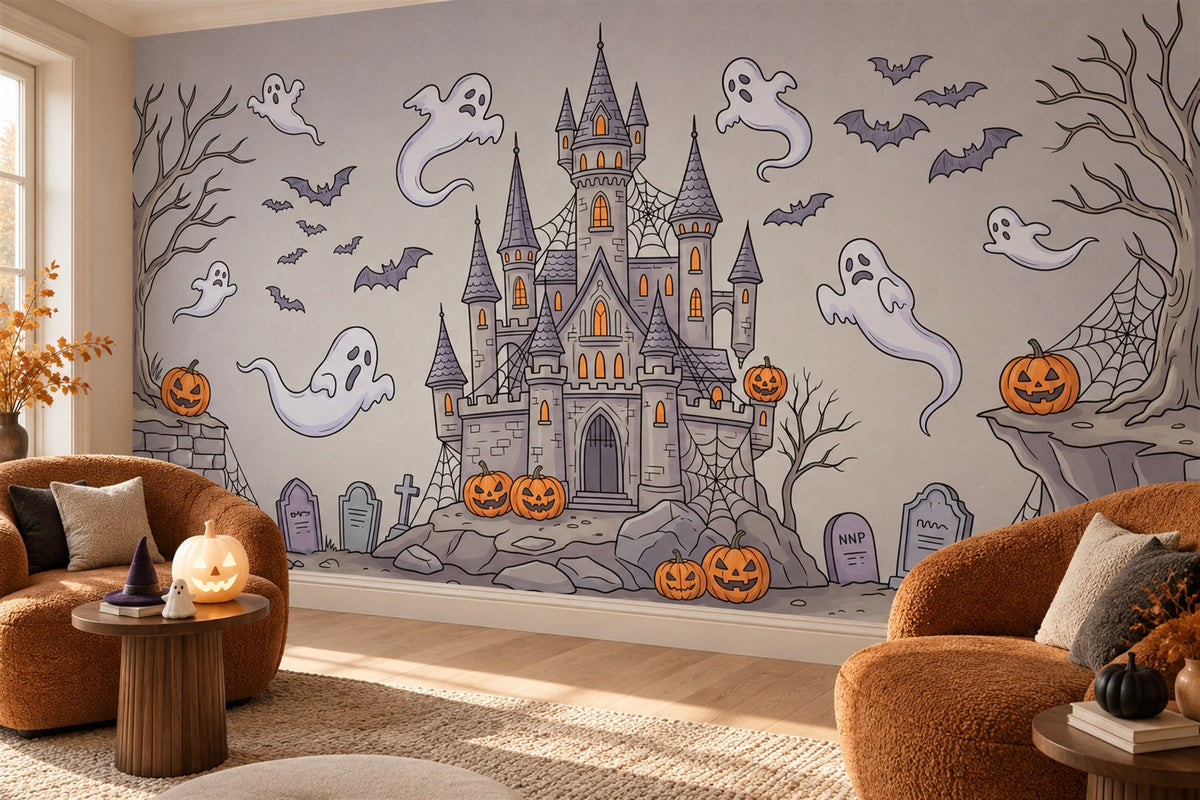 Ghosts Haunted Castle Bats and Pumpkins Halloween Wallpaper Mural - image 4