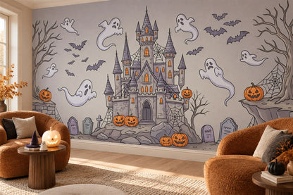 Ghosts Haunted Castle Bats and Pumpkins Halloween Wallpaper Mural - image 4
