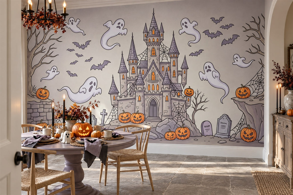 Ghosts Haunted Castle Bats and Pumpkins Halloween Wallpaper Mural - image 1