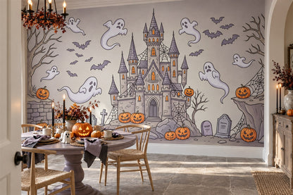 Ghosts Haunted Castle Bats and Pumpkins Halloween Wallpaper Mural - image 1