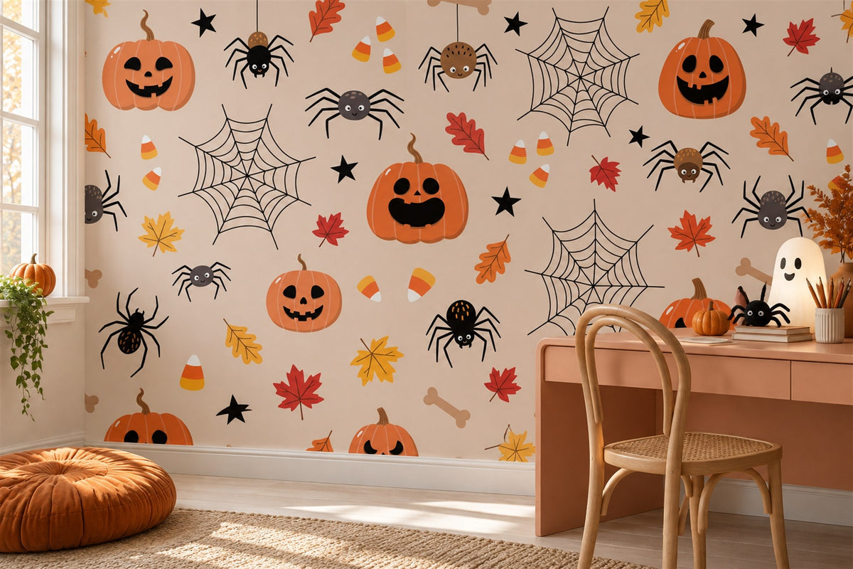 Pumpkins Spiders Webs and Candy Corn Halloween Wallpaper Mural - image 3