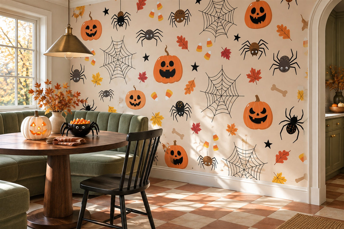 Pumpkins Spiders Webs and Candy Corn Halloween Wallpaper Mural - image 1