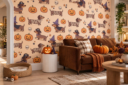 Witch Dachshunds Pumpkins and Stars Halloween Wallpaper Mural - image 3