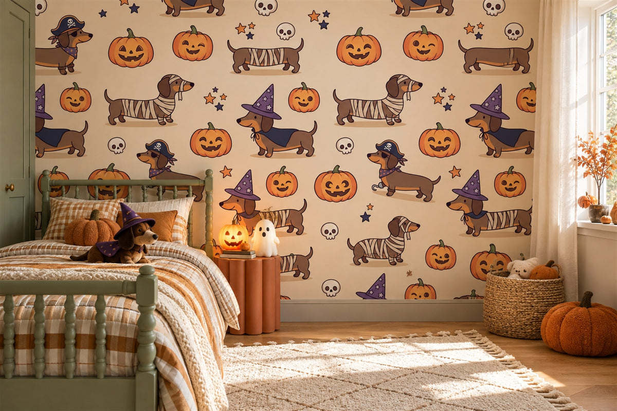 Witch Dachshunds Pumpkins and Stars Halloween Wallpaper Mural - image 4