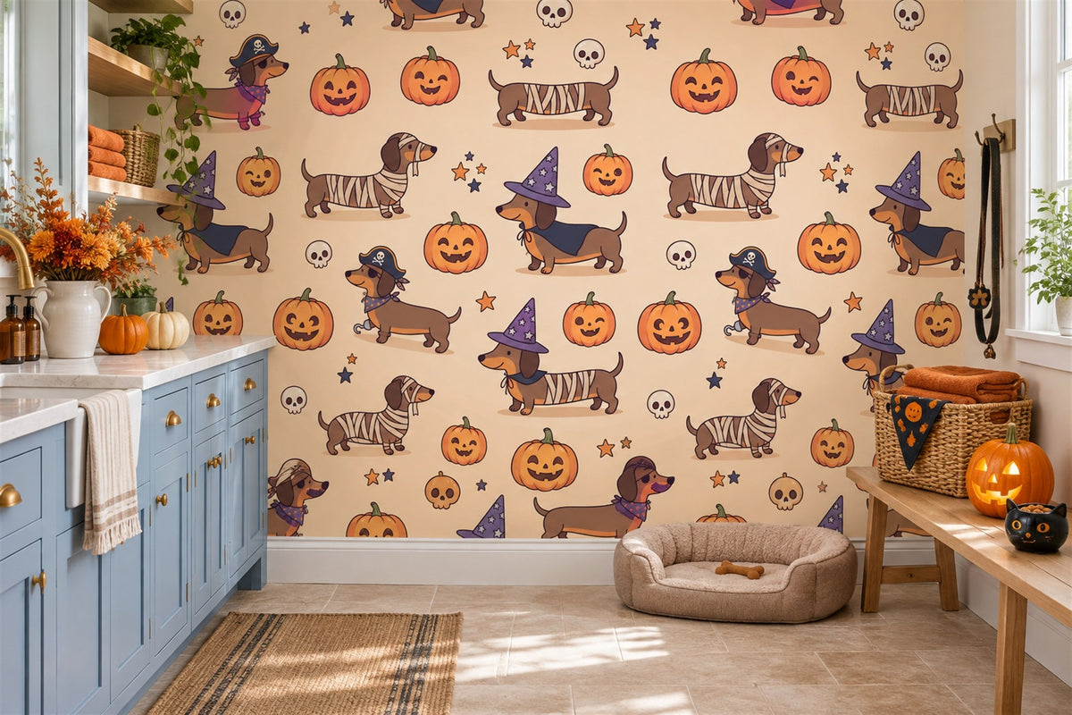 Witch Dachshunds Pumpkins and Stars Halloween Wallpaper Mural - image 1