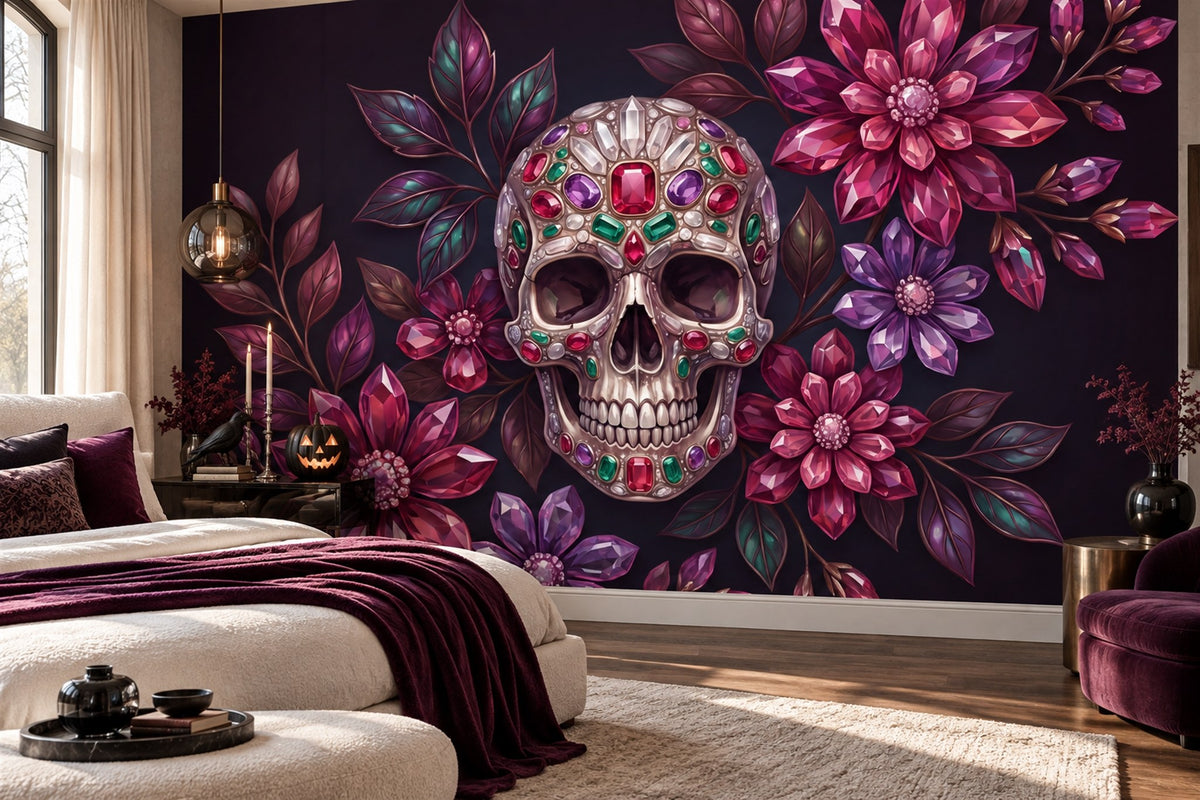 Jewelled Skull and Purple Flowers Halloween Wallpaper Mural - image 3