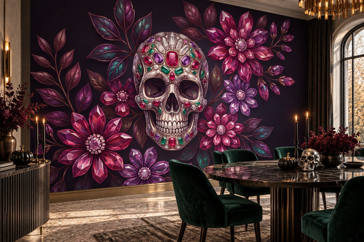 Jewelled Skull and Purple Flowers Halloween Wallpaper Mural - image 1