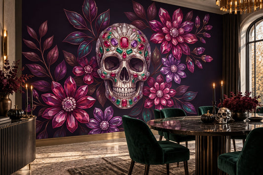 Jewelled Skull and Purple Flowers Halloween Wallpaper Mural - image 1