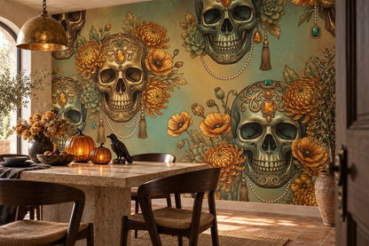 Ornate Skulls Marigolds and Tassels Halloween Wallpaper Mural - image 3
