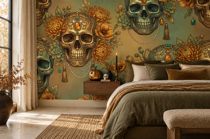 Ornate Skulls Marigolds and Tassels Halloween Wallpaper Mural - image 4