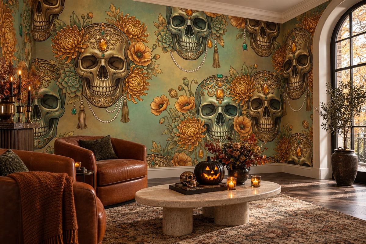 Ornate Skulls Marigolds and Tassels Halloween Wallpaper Mural - image 1