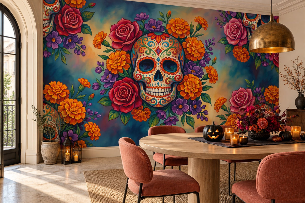 Sugar Skull Roses and Marigolds Halloween Wallpaper Mural - image 3