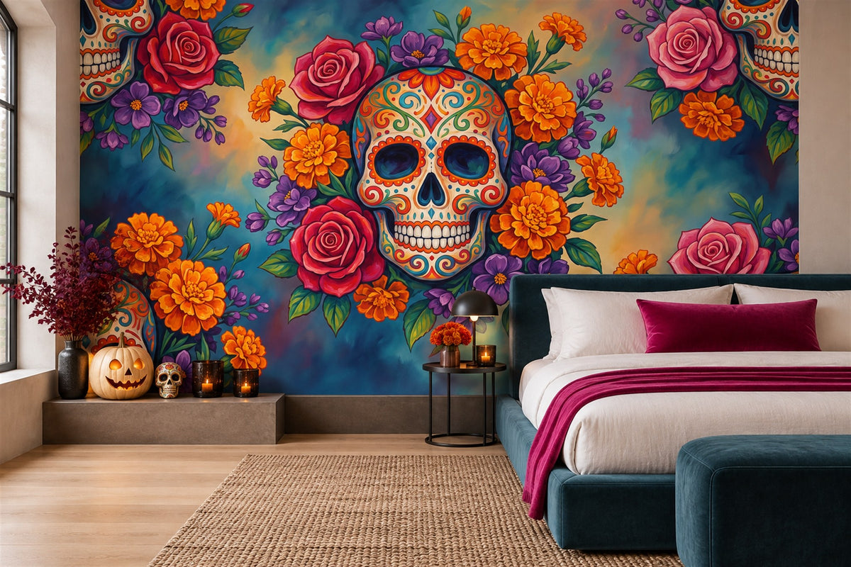 Sugar Skull Roses and Marigolds Halloween Wallpaper Mural - image 4