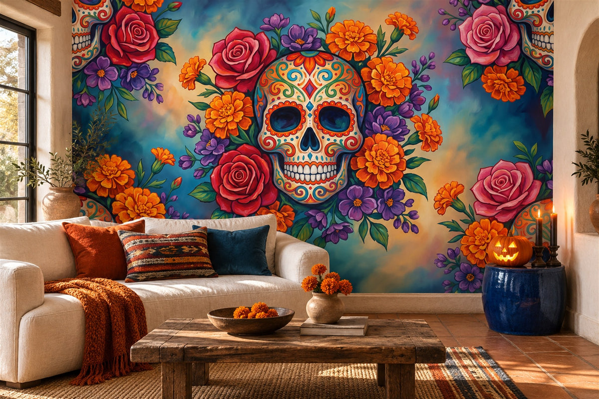 Sugar Skull Roses and Marigolds Halloween Wallpaper Mural - image 1