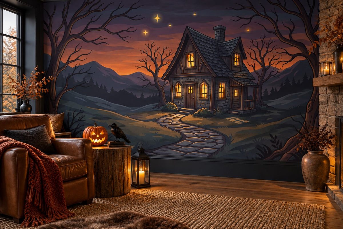 Witch Cottage Beneath Sunset Sky Halloween Wallpaper Mural - image 4